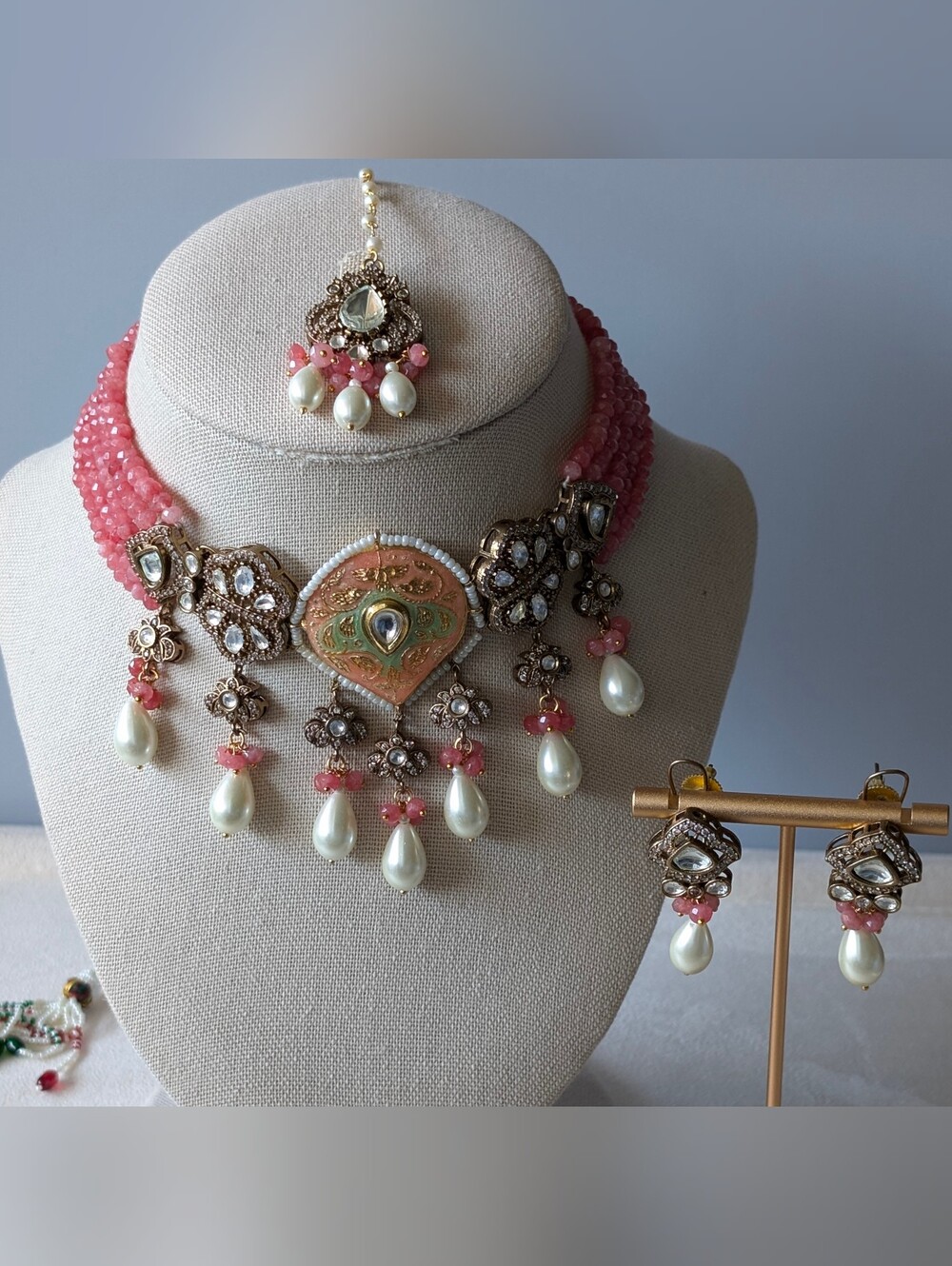Pink Bead and Pearl Style Necklace Set